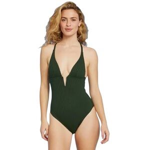 Shade & Shore Women's Ribbed Plunge Front V-Wire One Piece Green Swimsuit SZ M